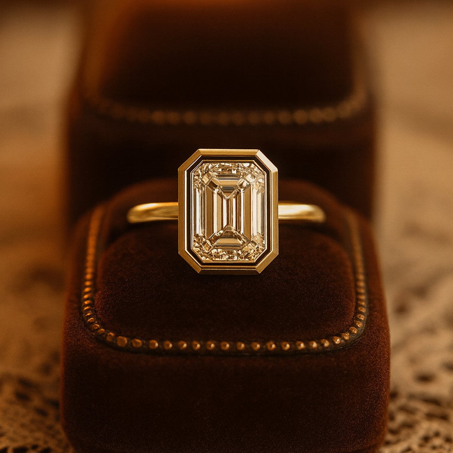 Women's Emerald Cut Bezel Set Moissanite Solitaire Ring In Gold, Elegant And Timeless Engagement Ring Design
