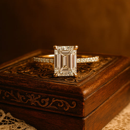 Female Wedding Ring Emerald Cut Moissanite In High Cathedral Setting With Diamond-Like Brilliance And Elegant Gold Finish