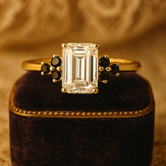 2ct Emerald Cut White Moissanite Engagement Ring With Black Moissanite Side Stones In Gold VVS1