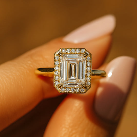 Emerald Cut Moissanite Halo Engagement Ring In Yellow Gold With Pave Halo And Brilliant Diamond-Like Sparkle
