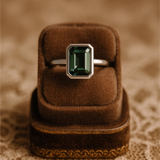 Emerald Cut Green Gemstone Ring In White Gold On Velvet Jewelry Box
