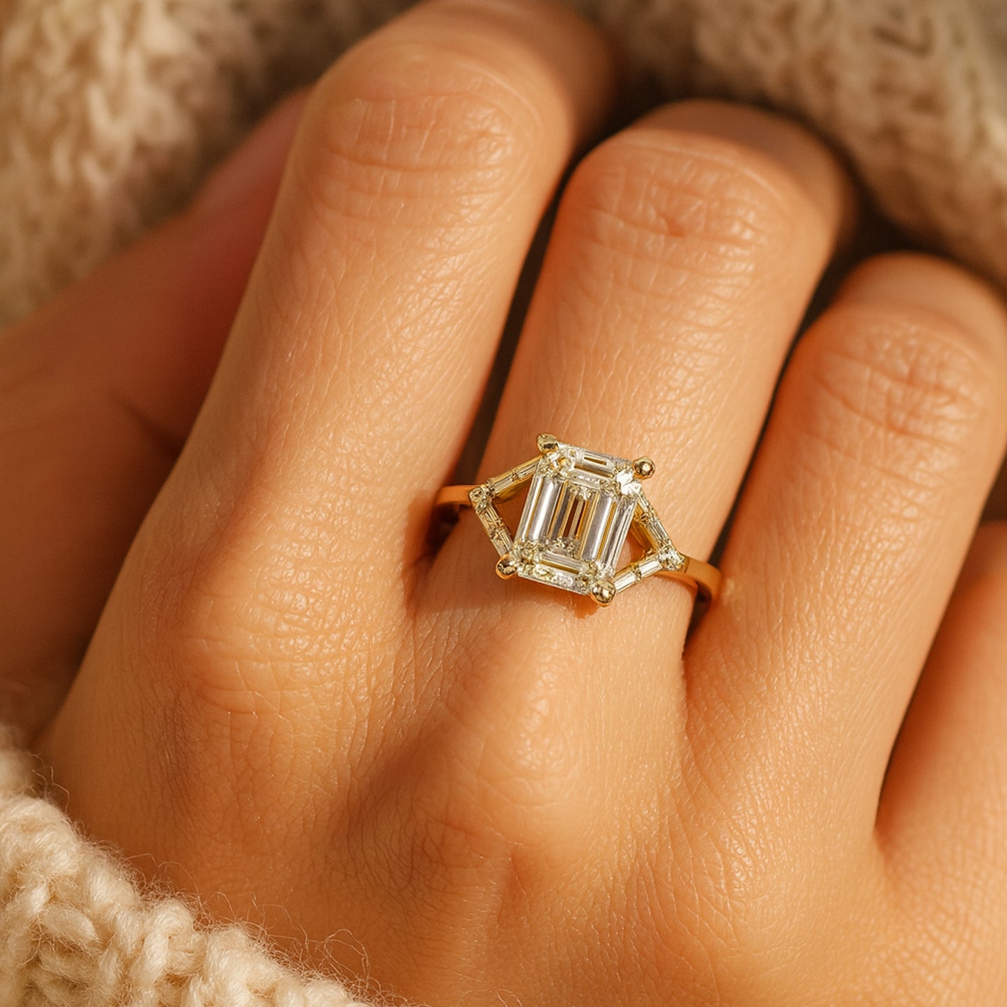 Emerald Cut Moissanite Engagement Ring With Tapered Baguette Diamond-Style Side Stones In Gold