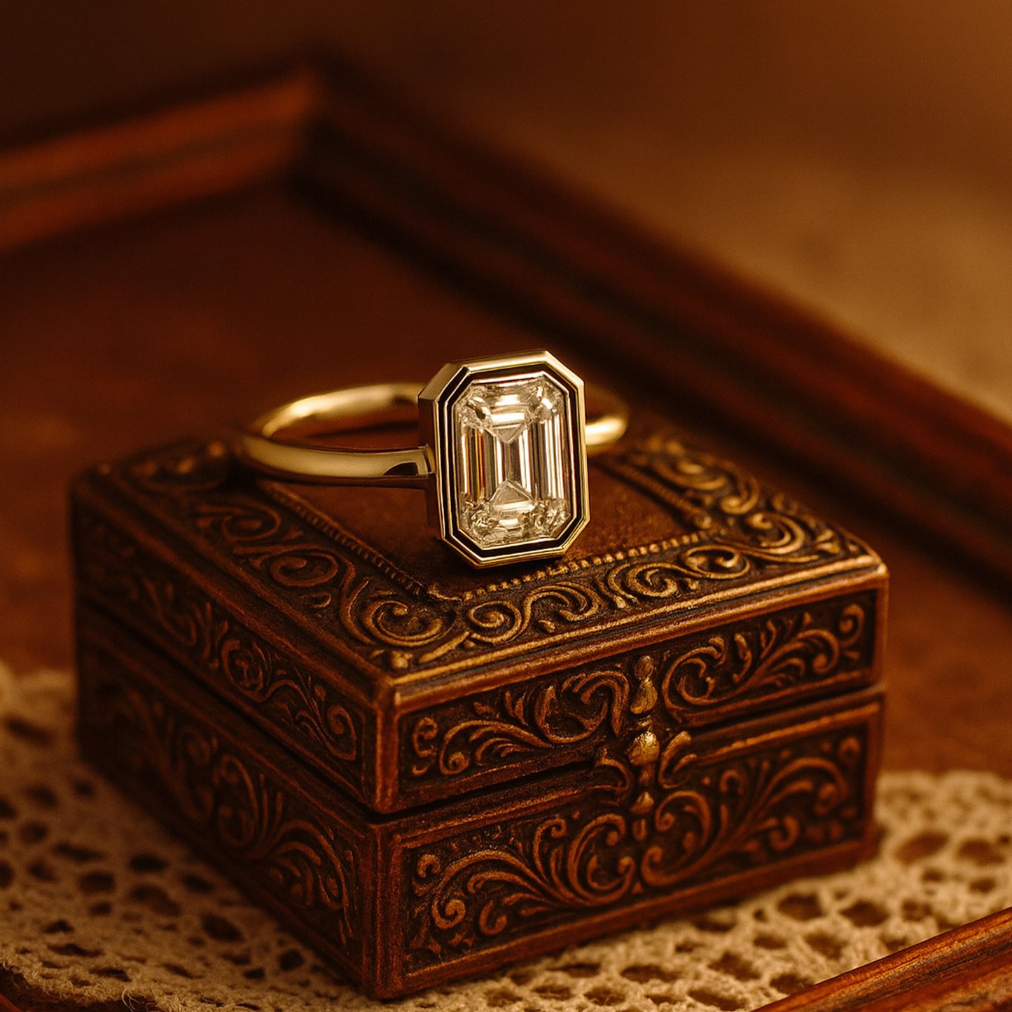 Women's Bezel Set Moissanite Engagement Ring With Emerald Cut Center Stone And Polished Gold Band