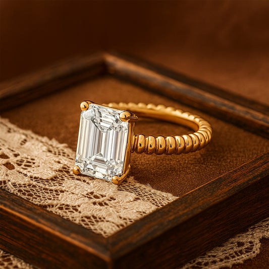 2 CT Emerald-Cut Lab Diamond Ring With Twisted Ribbed Gold Band In 18K - Diiro Solitaire Jewelry