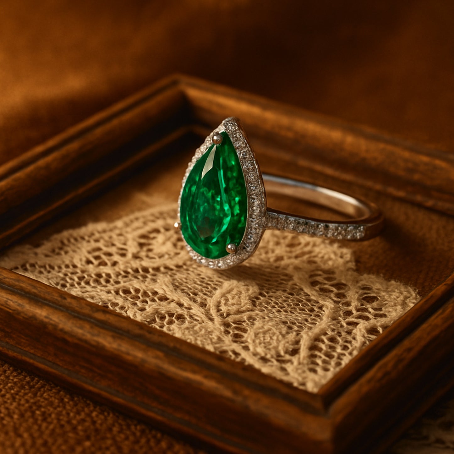 A Brilliant Teardrop Emerald Surrounded By Sparkling Diamonds
