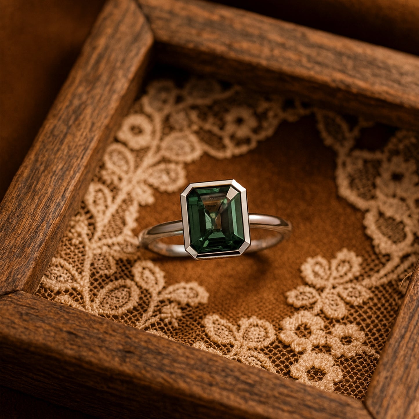 Emerald Cut Green Gemstone Rings In Yellow Gold, White Gold, And Rose Gold Settings