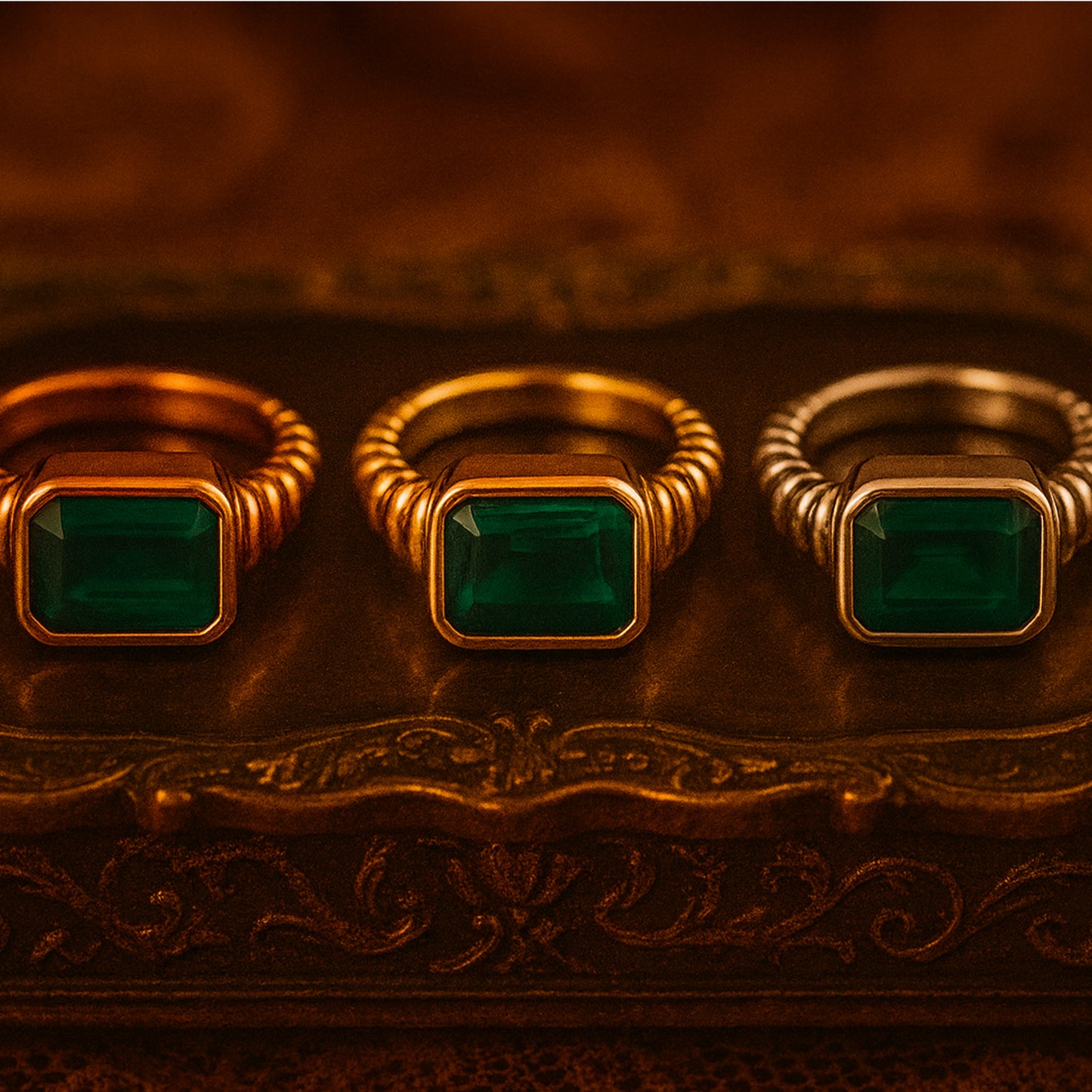Set Of Gold Emerald Cut Green Stone Rings – Modern Handmade Jewelry In Luxurious Finishes