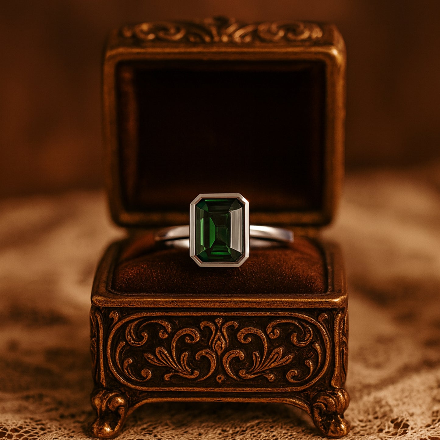Emerald Cut Green Gemstone Solitaire Ring On Lace Inside Wooden Frame
