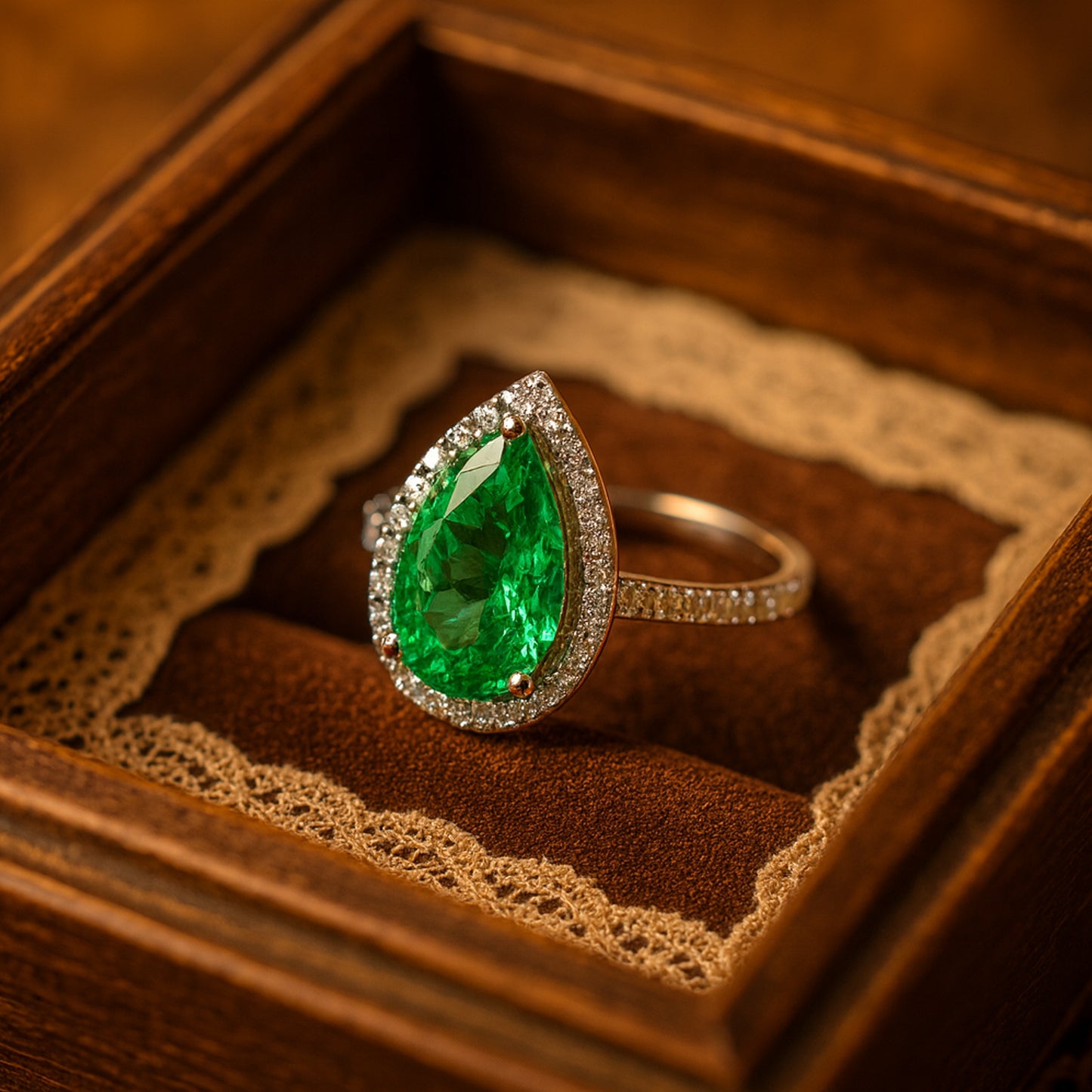 Teardrop Emerald Halo Ring With Diamond Band
