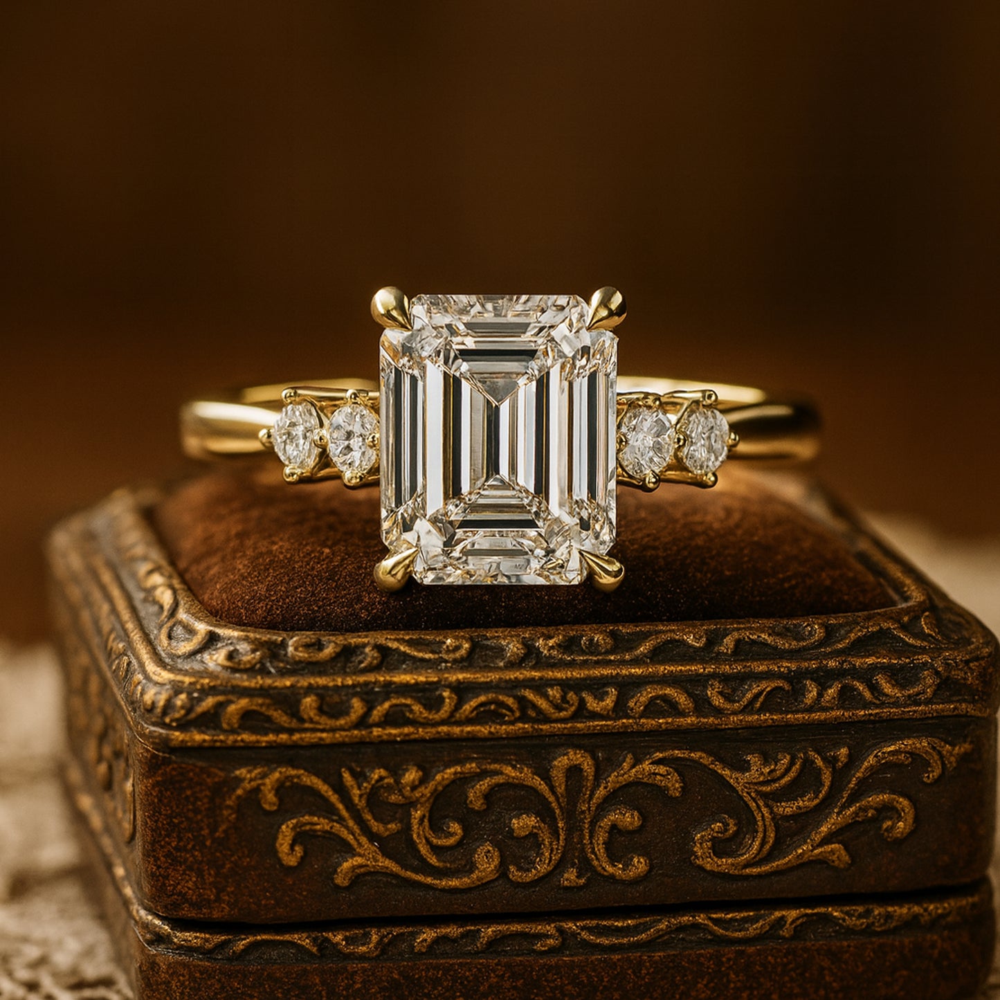 Luxurious Emerald Cut Moissanite Ring Set In Gold With Side Stones, Radiating Classic Elegance And Romantic Appeal.