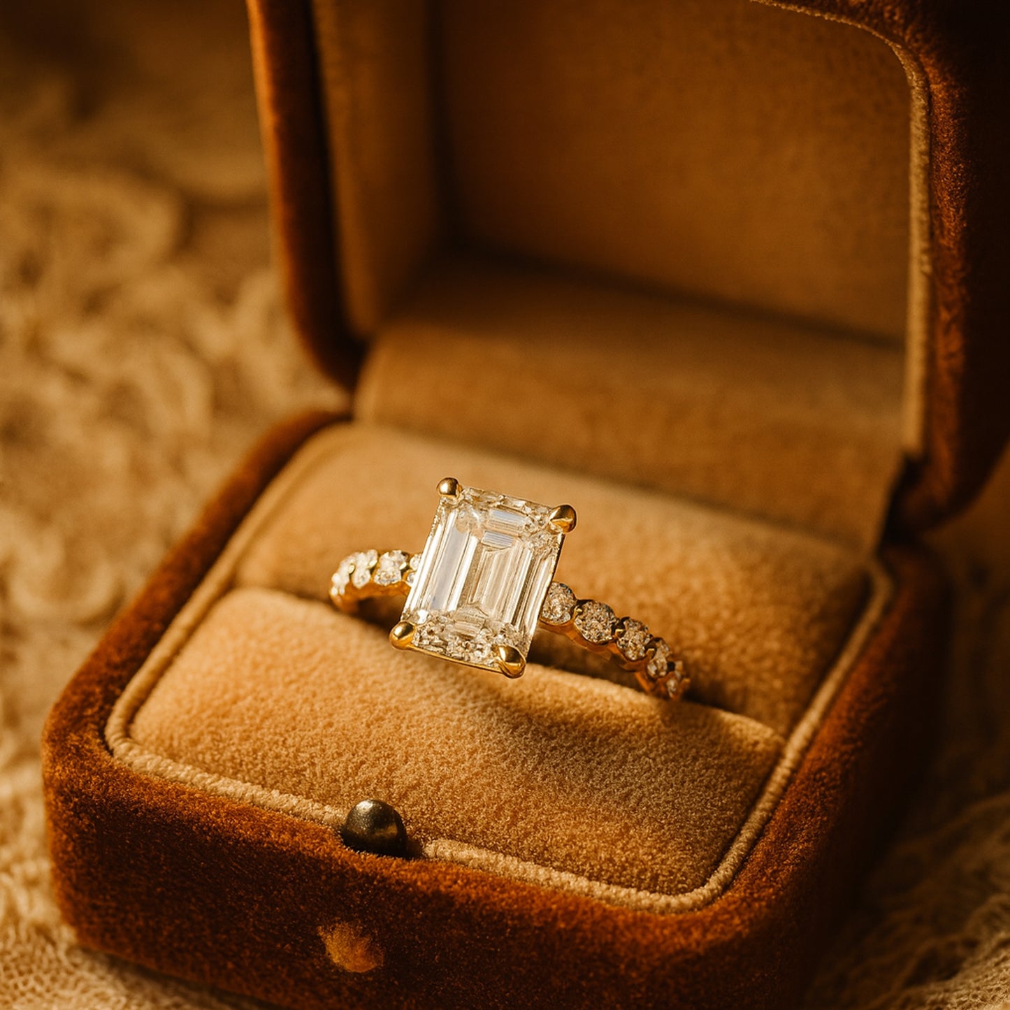 Luxurious Emerald Cut Moissanite Engagement Ring With Vintage Accented Band For A Classic Look