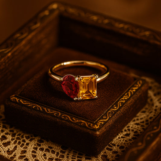 Two Stone Yellow Sapphire And Red Ruby Ring In 18K Gold Fine Jewelry