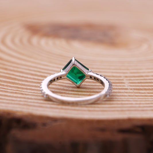 Green Gemstone Radiant Cut Ring, Moissanite Pave Band 14K Gold Engagement Fine Jewelry May Birthstone