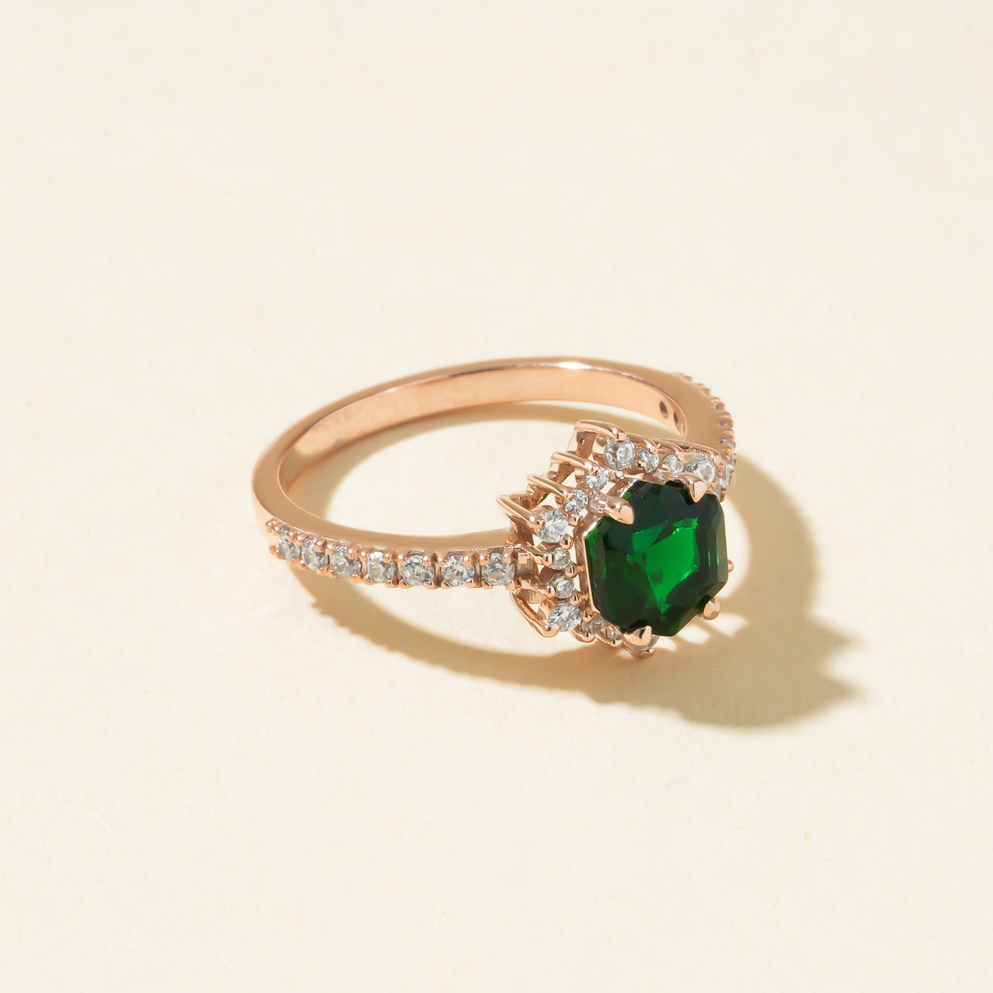 Halo Green Stone Moissanite Ring, Rose Gold Engagement Fine Jewelry With Colorful Accent