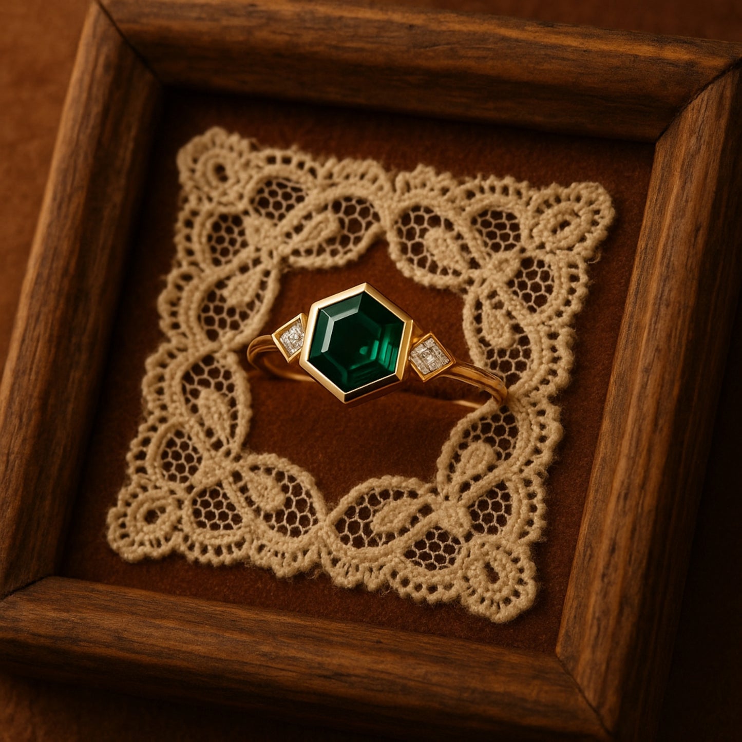 Green Emerald Birthstone Ring, Hexagon Cut Fine Gemstone Jewelry With Diamond Accents And Brilliant Setting