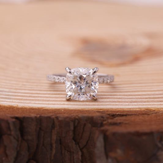 Pave Band Cushion Cut Ring, Moissanite 14K Gold Engagement Fine Jewelry With Brilliant Design