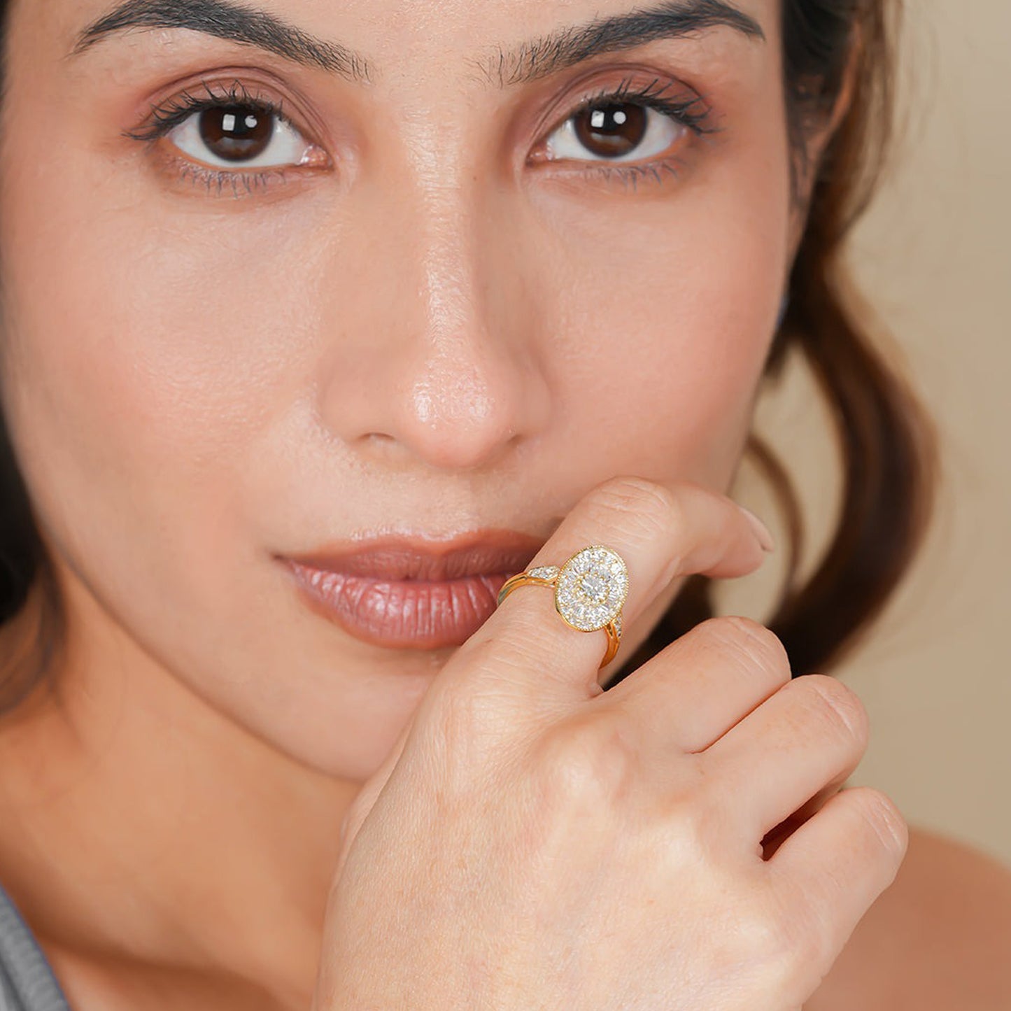Round Cut Cluster Moissanite Ring, Yellow Gold Engagement Fine Jewelry With Glamour