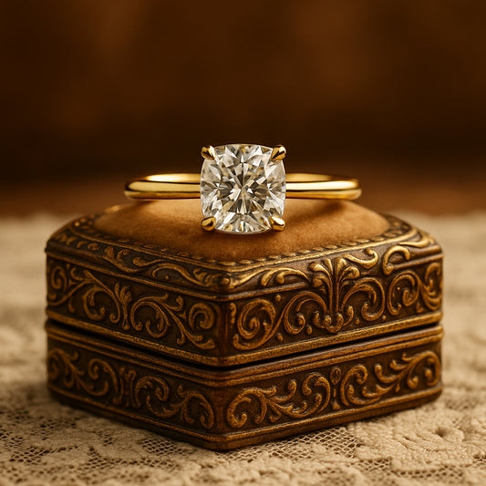 Cushion Cut Solitaire Moissanite Engagement Ring In Yellow Gold, Elegant Diamond Alternative Band Ring For Women By Diiro.