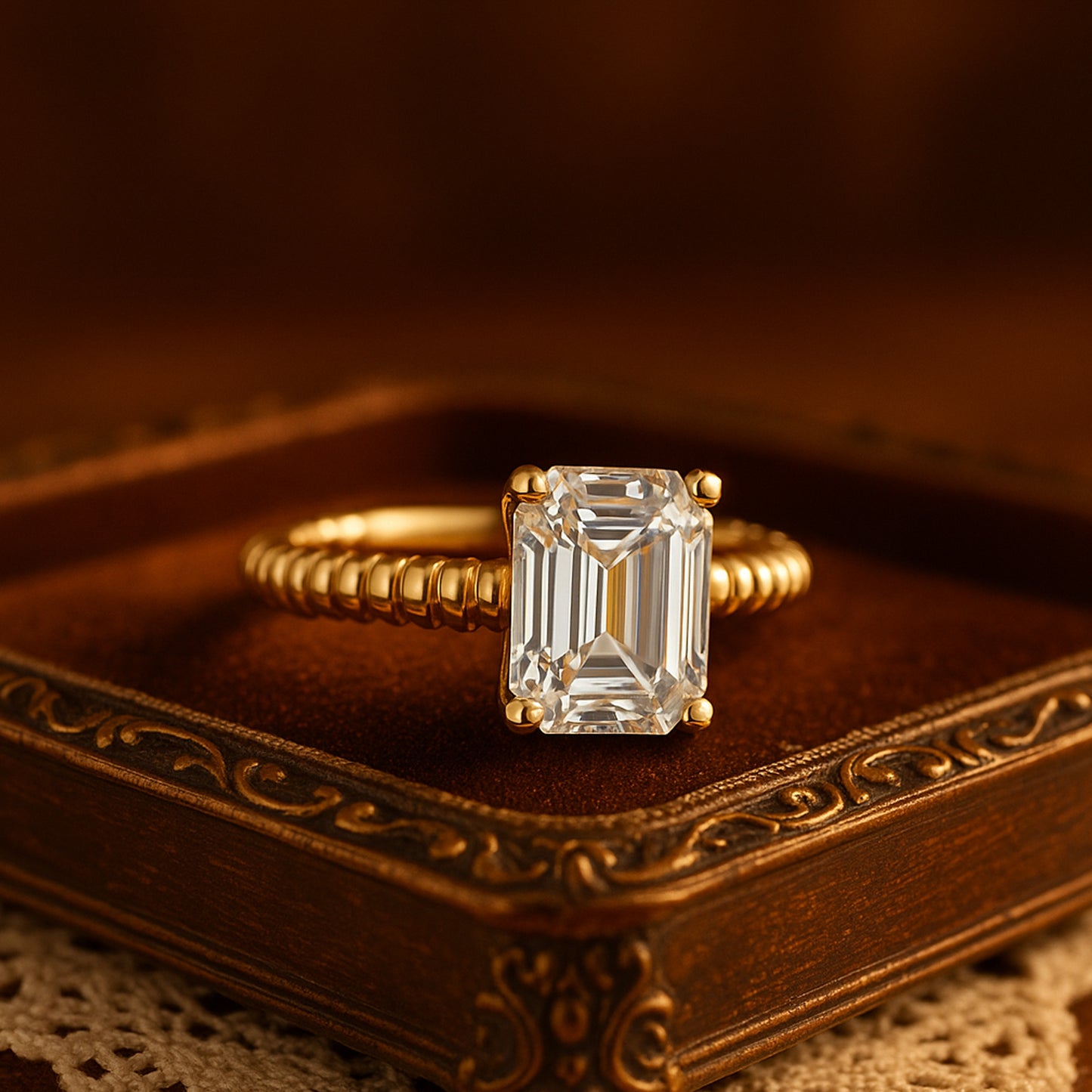 Lab-Grown Emerald-Cut Diamond Ring With Twisted Gold Band - Bold Statement Jewelry Worldwide Shippin