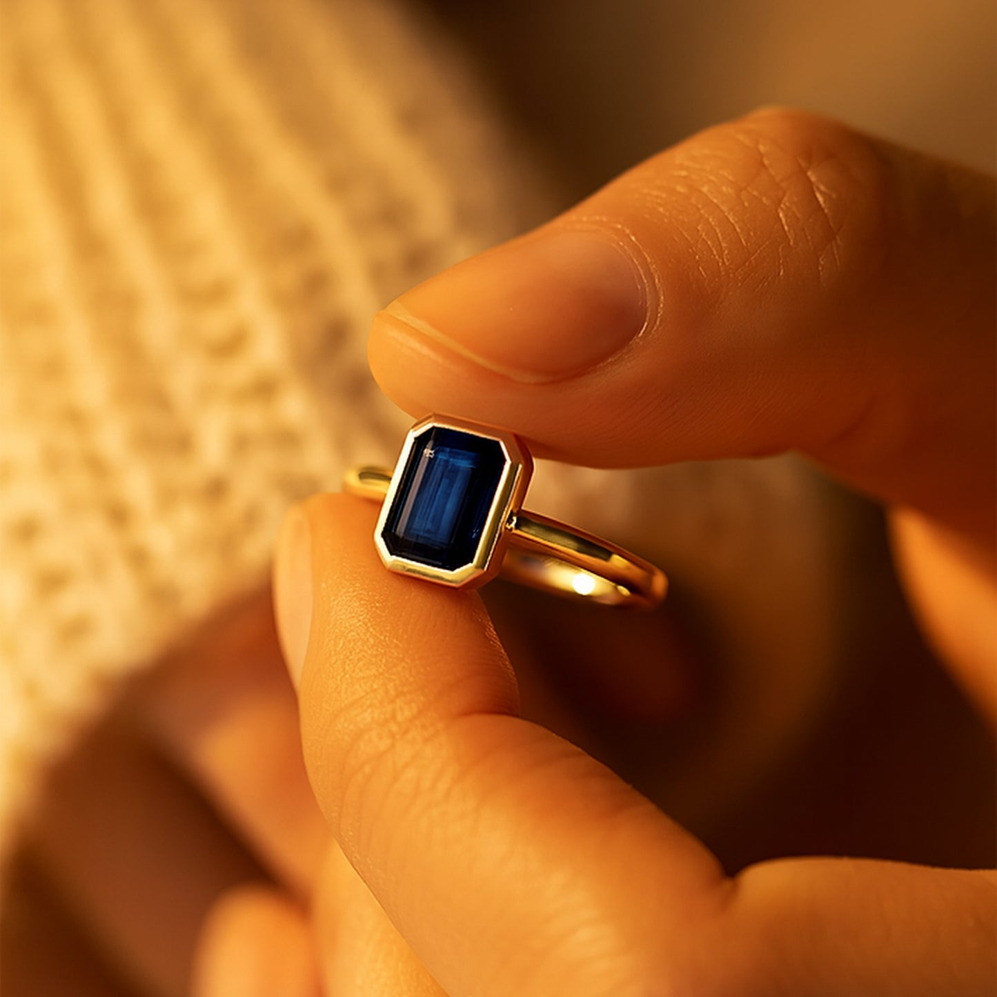 Emerald Cut Blue Sapphire Gold Ring For Women Fine Jewelry