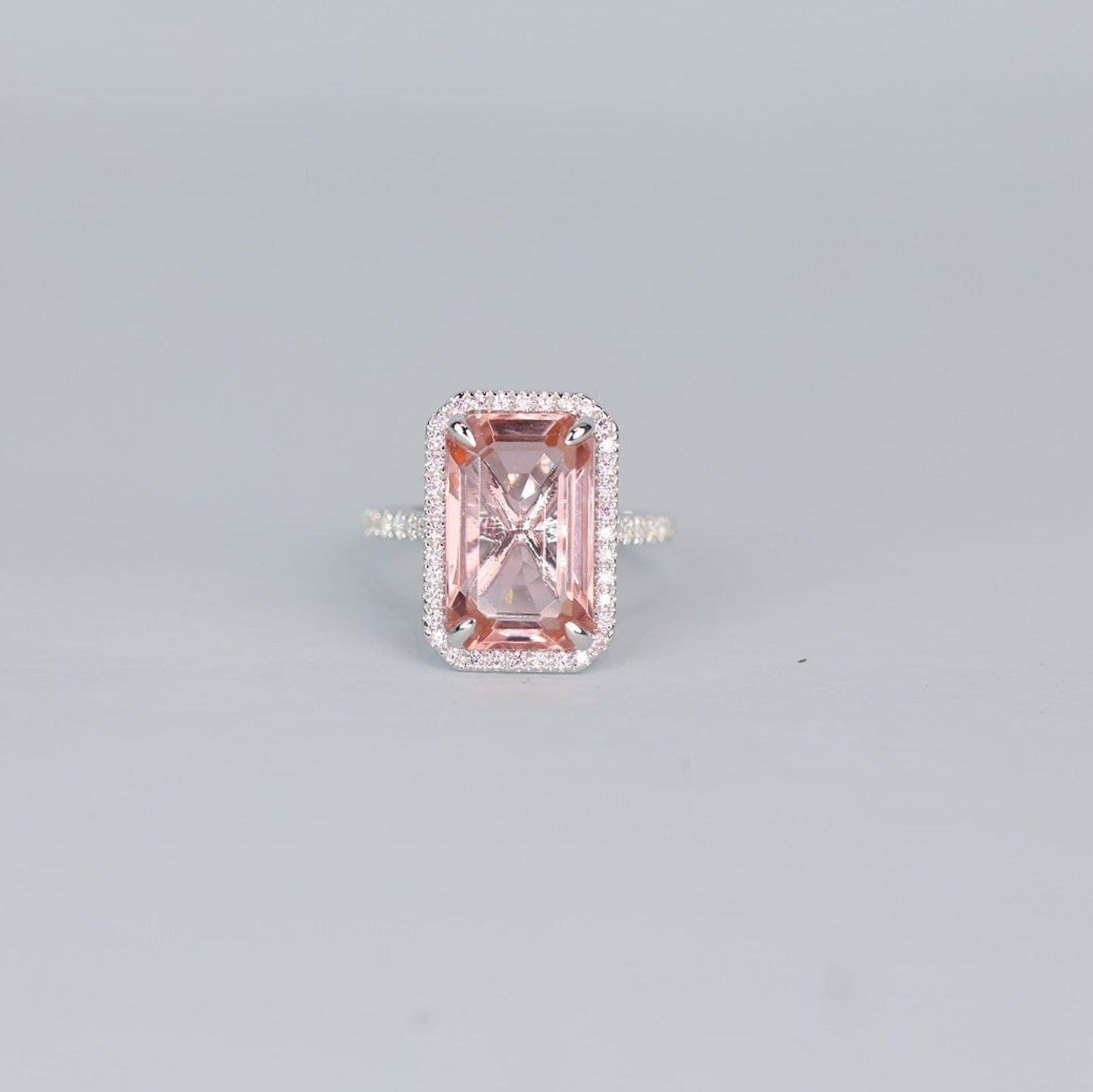 Emerald Cut Pink Morganite Ring, Moissanite Halo 14K Gold Engagement Fine Jewelry With Style