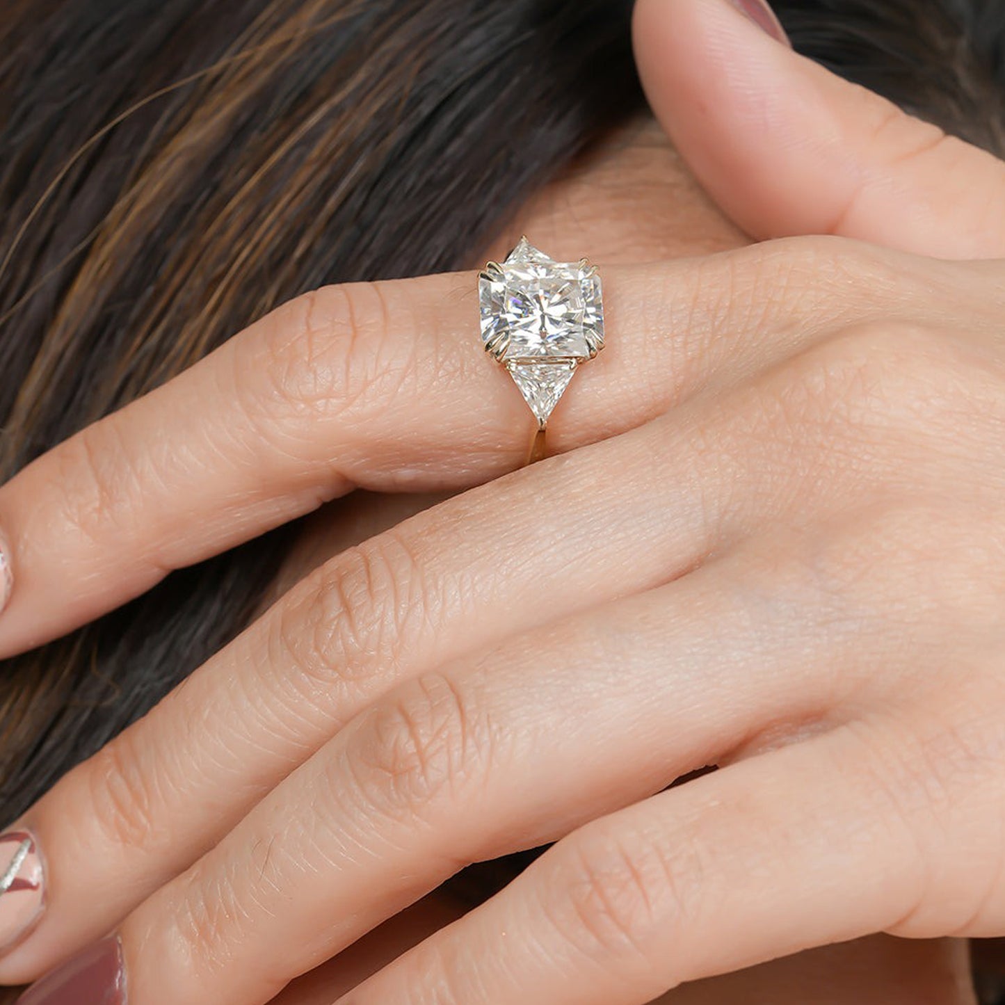 Three Stone Cushion Ring, Moissanite Trilogy Yellow Gold Engagement Fine Jewelry With Style