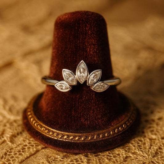 Elegant White Gold Ring Featuring Five Marquise-Cut Moissanites