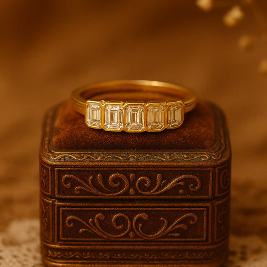 2ct Emerald Cut Moissanite Five Stone Bezel Wedding Band In Gold VVS1 Clarity