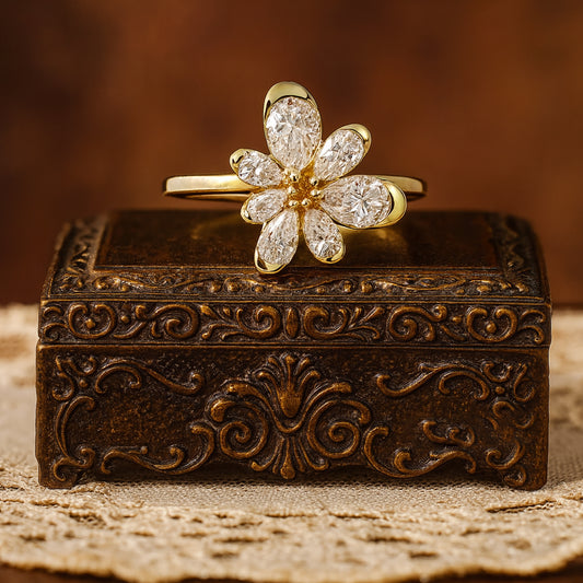 Elegant Flower Moissanite Engagement Ring In Solid Gold | Vintage Floral Petal Design For Women