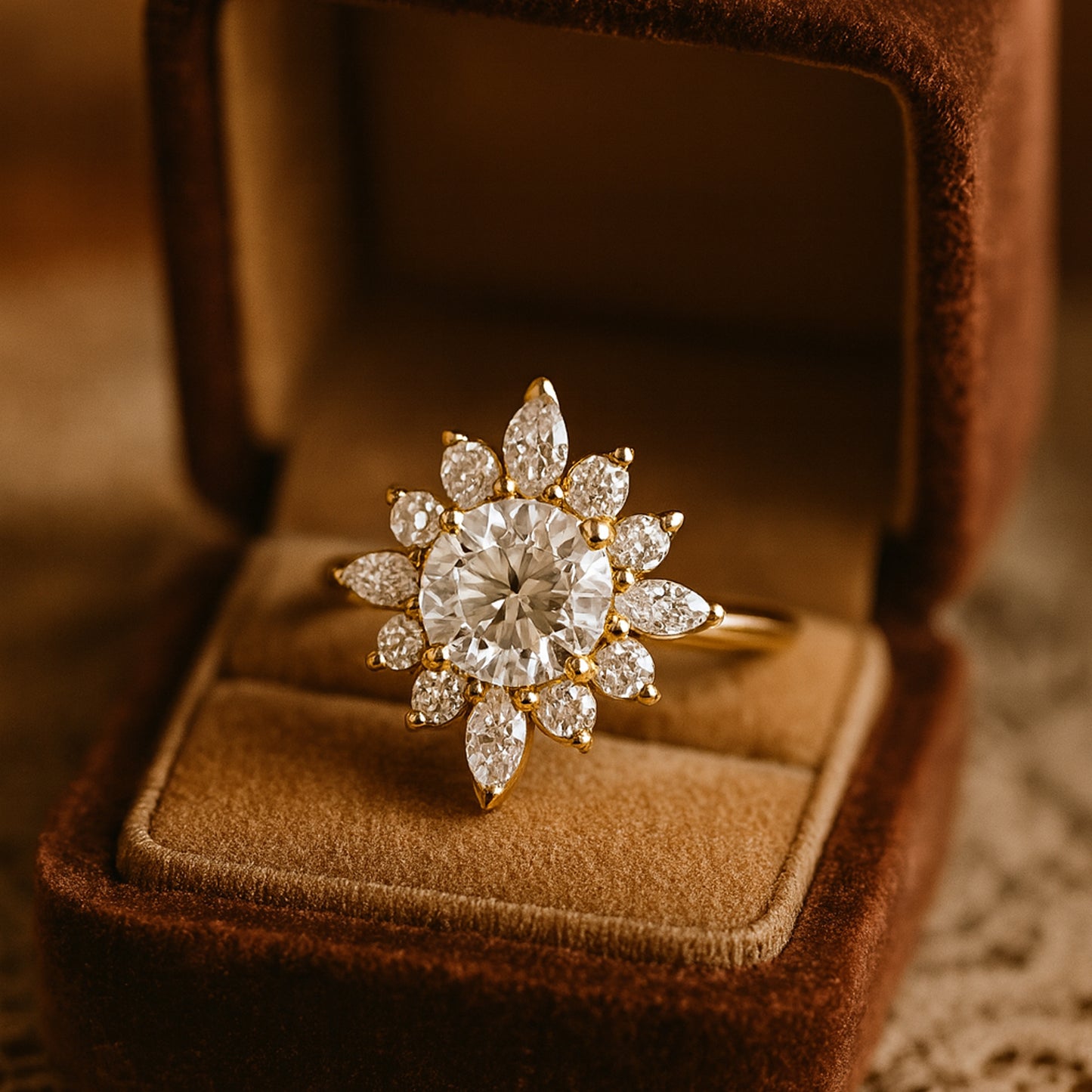 Luxurious Gold Moissanite Wedding Band With Round And Marquise Diamond Cut Stones For Bridal Elegance.