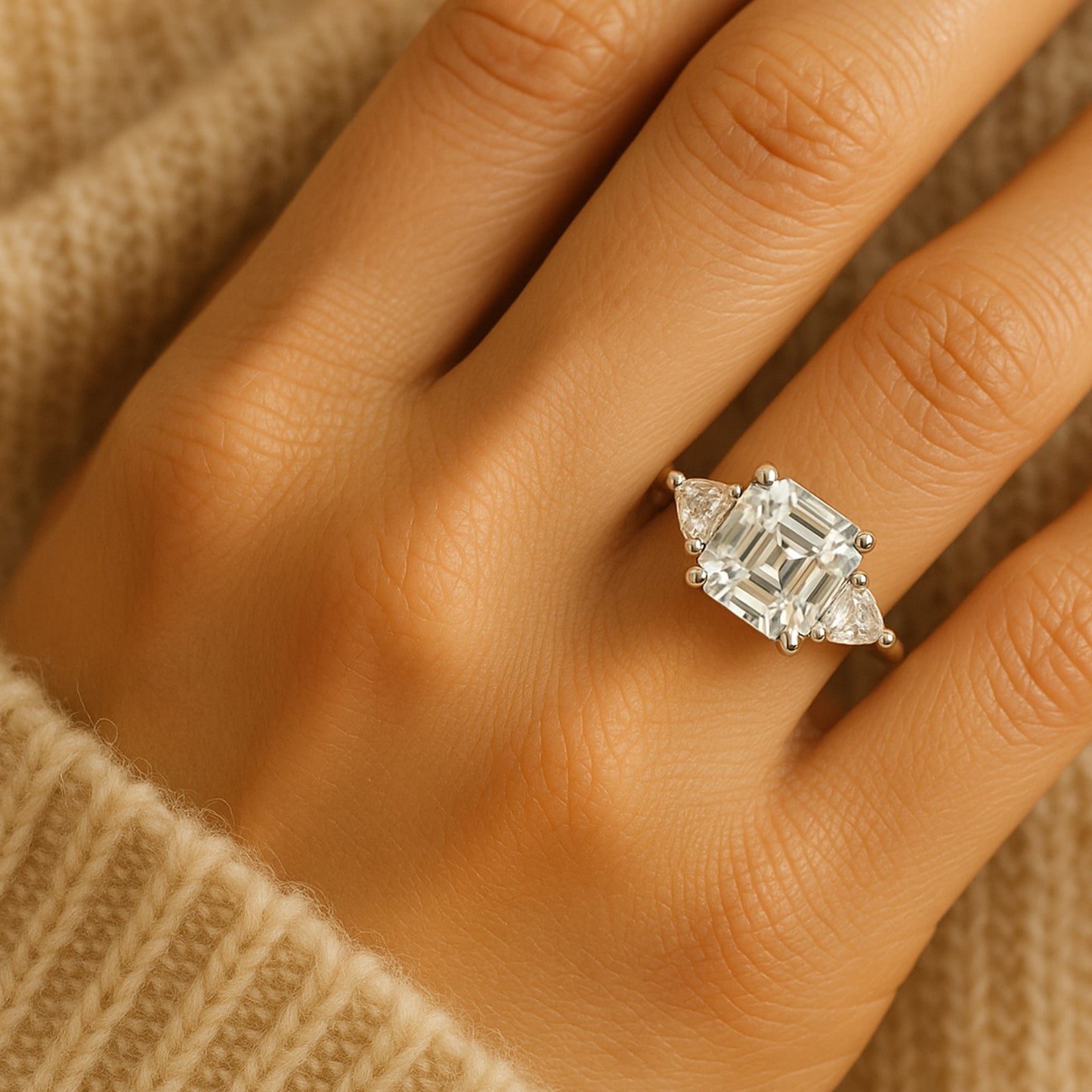 July Birthstone Three Stone Asscher Ring - Trapezoid Side Accent Engagement Ring For Bride Anniversary Wedding Proposal