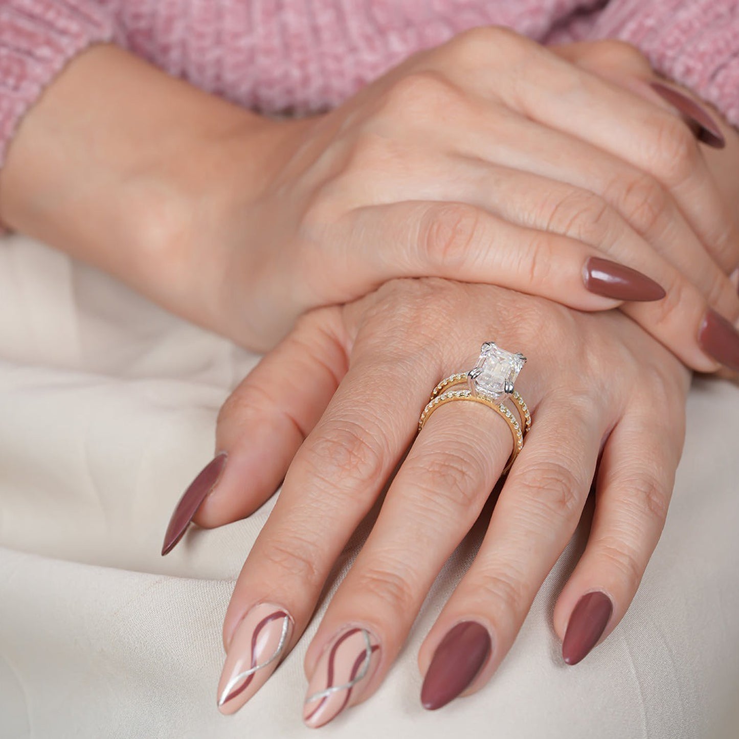 Elegant Emerald Moissanite Ring, Double Band Yellow Gold Engagement Fine Jewelry