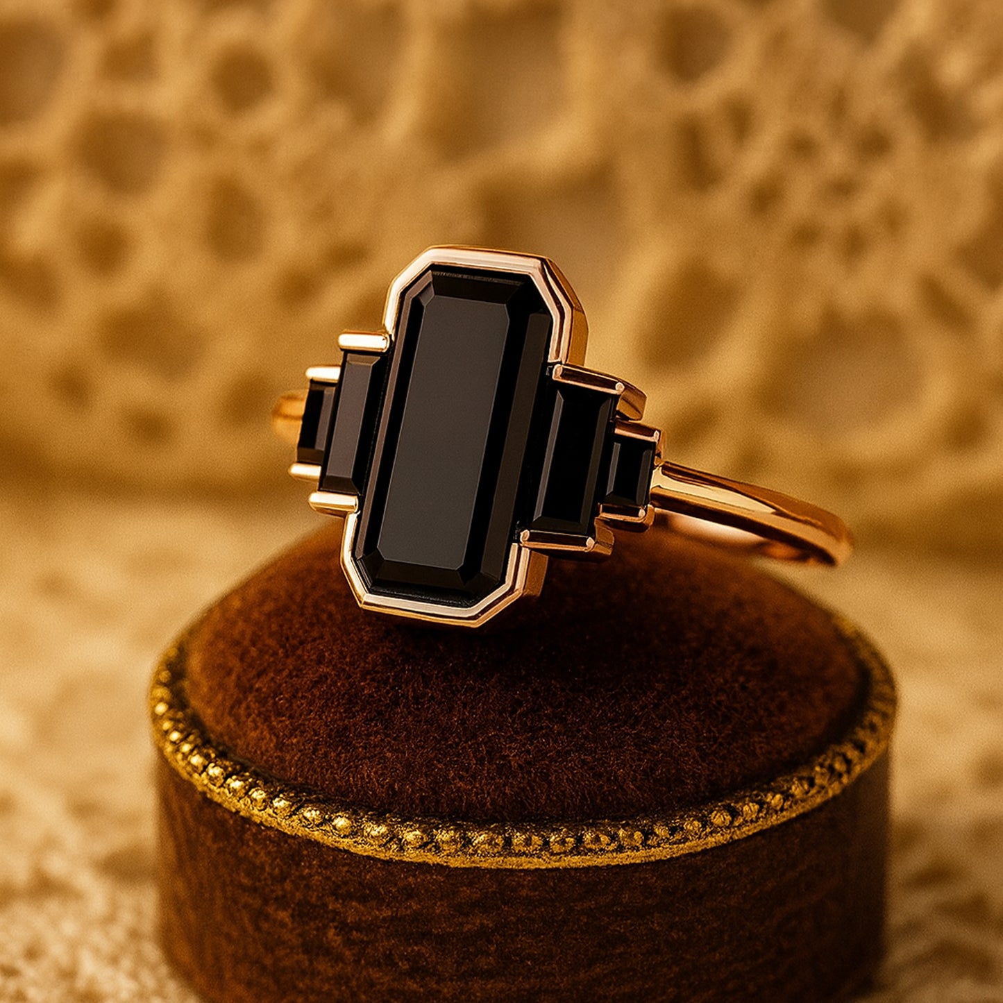 Emerald Cut Black Onyx Statement Ring – Art Deco Rose Gold Engagement Jewelry