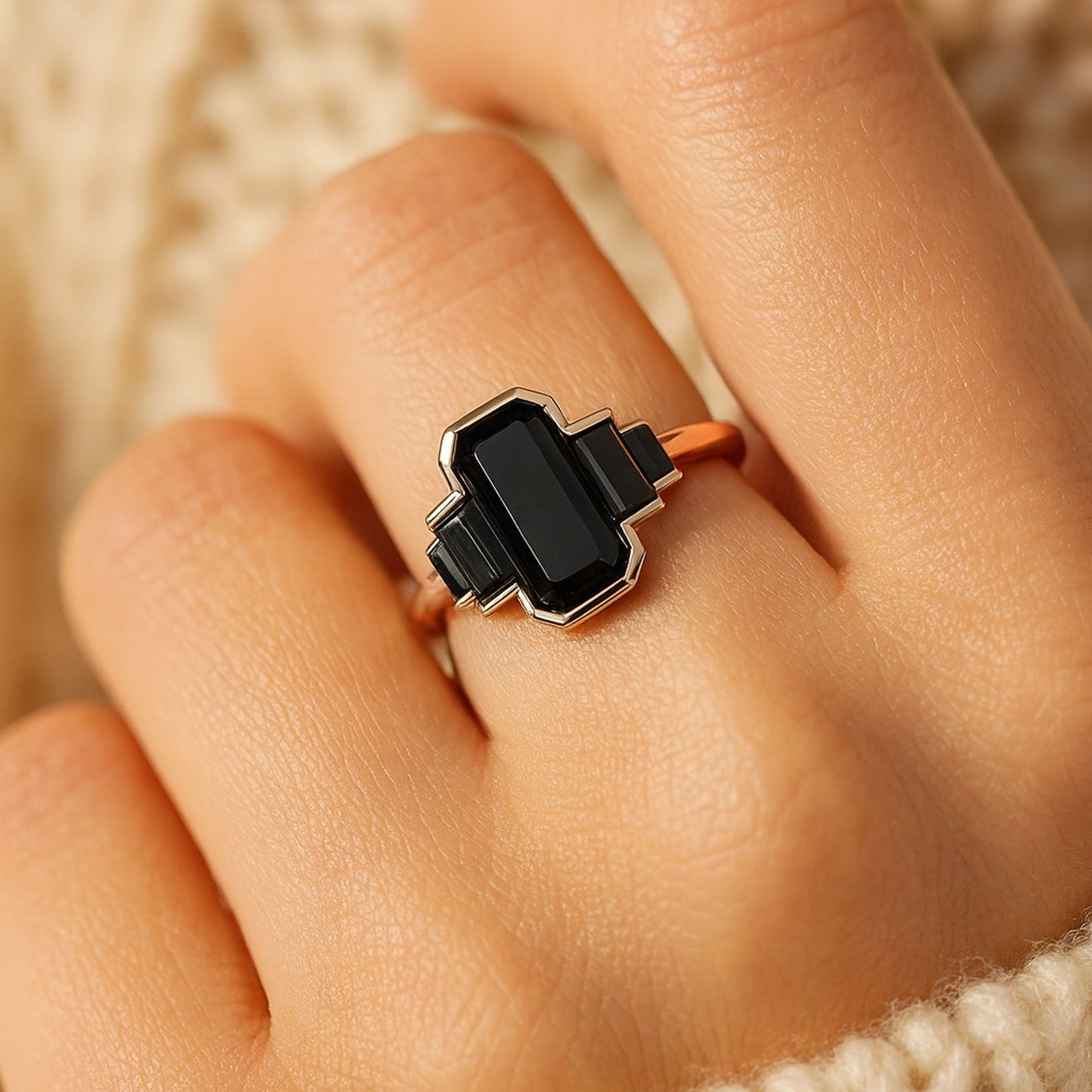 Emerald Cut Black Onyx Statement Ring – Art Deco Rose Gold Engagement Jewelry