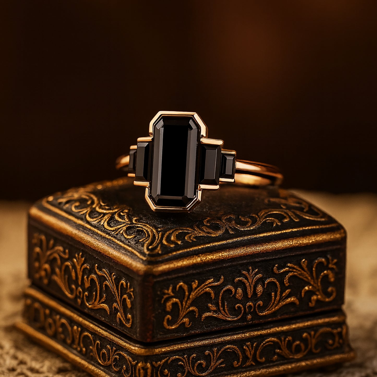 Emerald Cut Black Onyx Statement Ring – Art Deco Rose Gold Engagement Jewelry