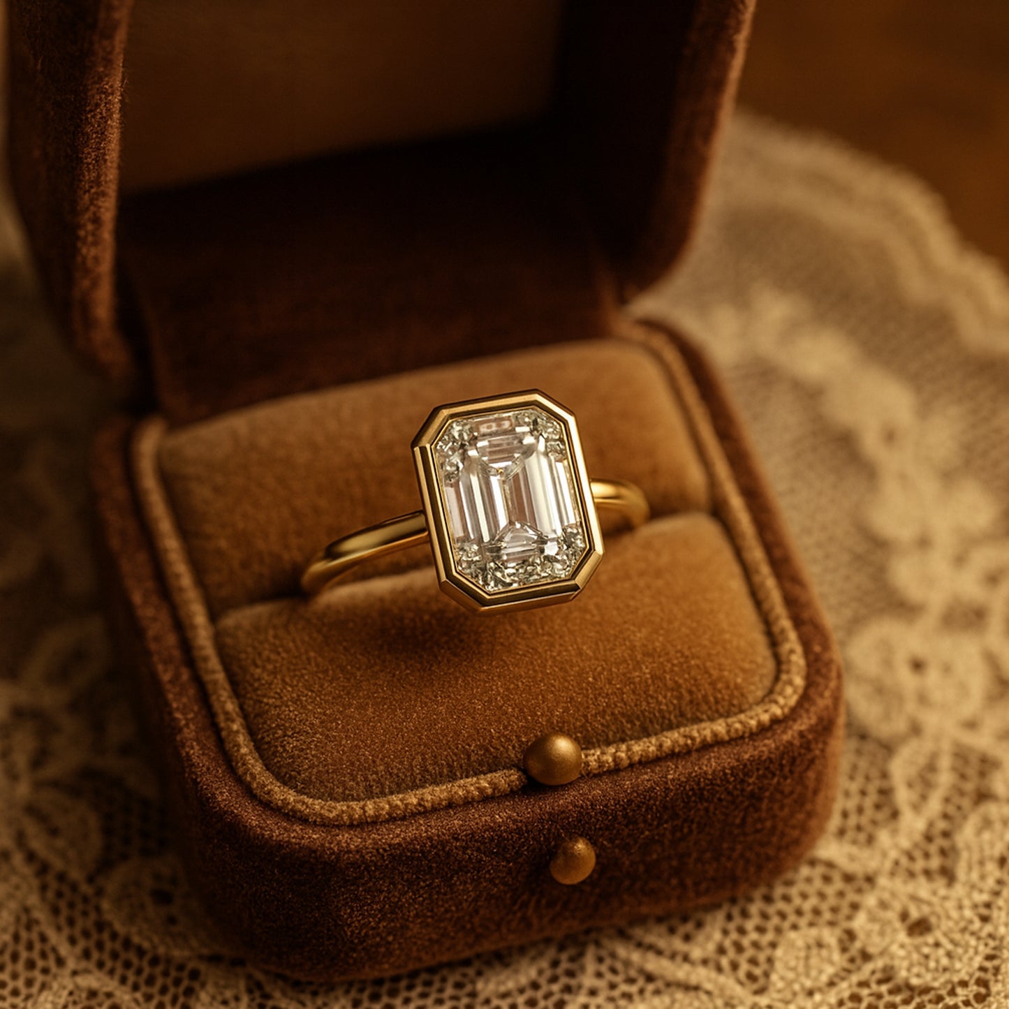 Elegant Gold Moissanite Solitaire Ring With Emerald Cut Stone, Minimalist Bezel Set Design