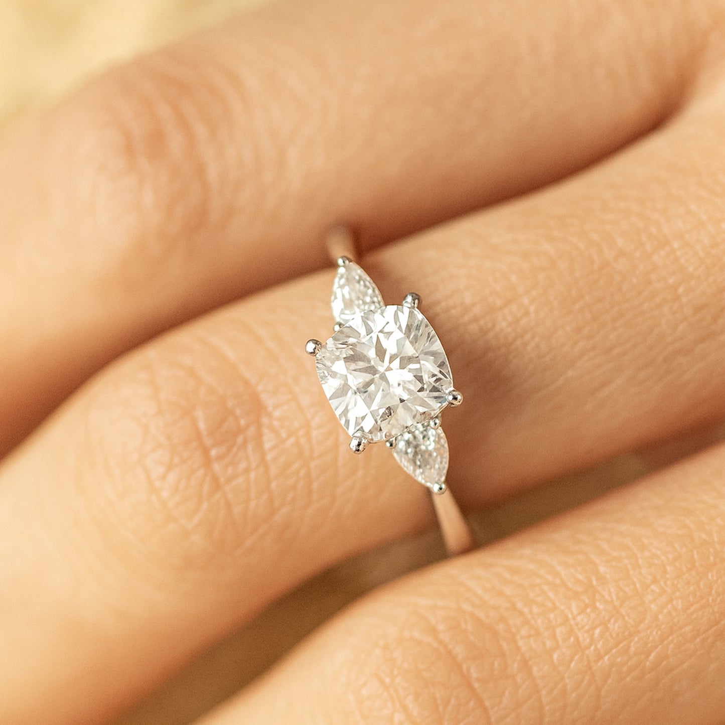 Cushion Cut Moissanite Engagement Ring Set In Yellow Gold With Sparkling Pear Side Stones, Vintage Inspired
