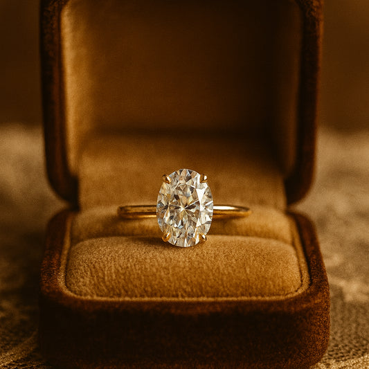 Classic Gold Moissanite Engagement Ring Featuring Oval Cut Stone, A Stunning Diamond Alternative For Promises And Love.