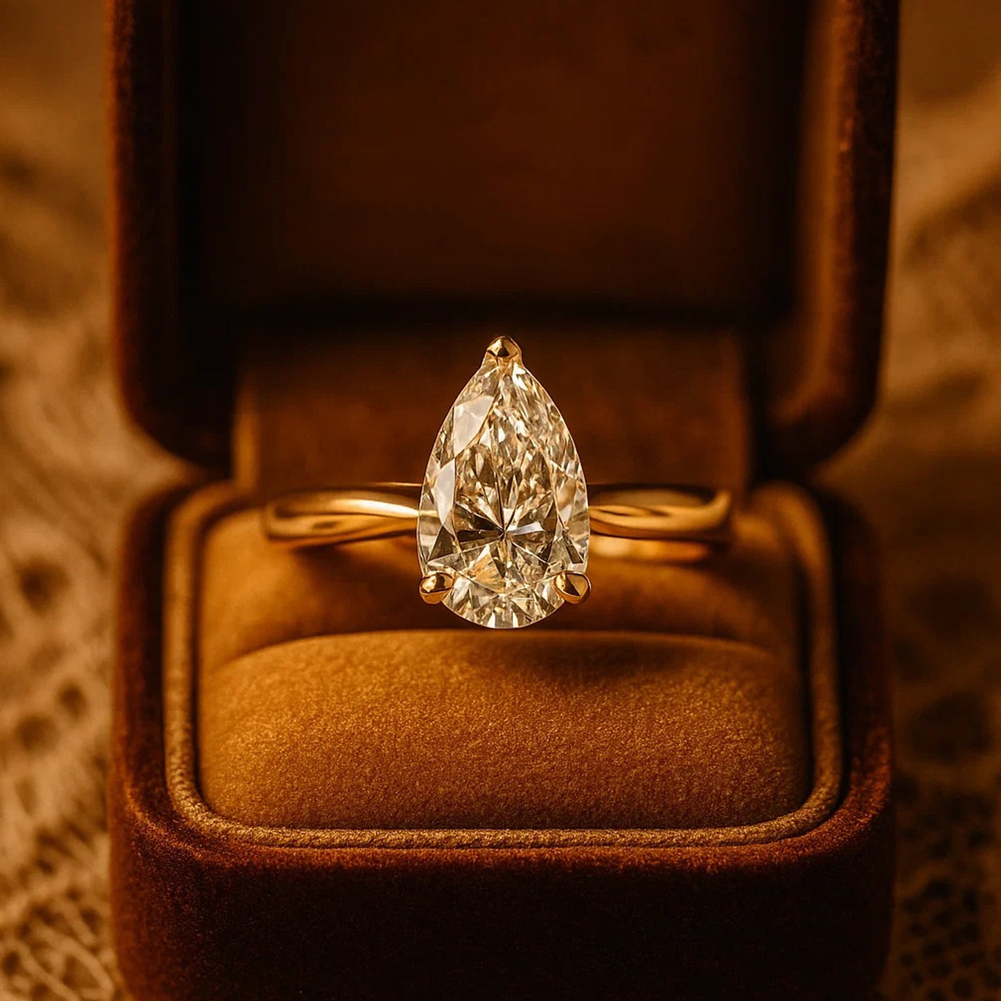 Pear Cut Moissanite Ring In Gold Band Offering Diamond-Like Radiance For Weddings And Anniversaries.