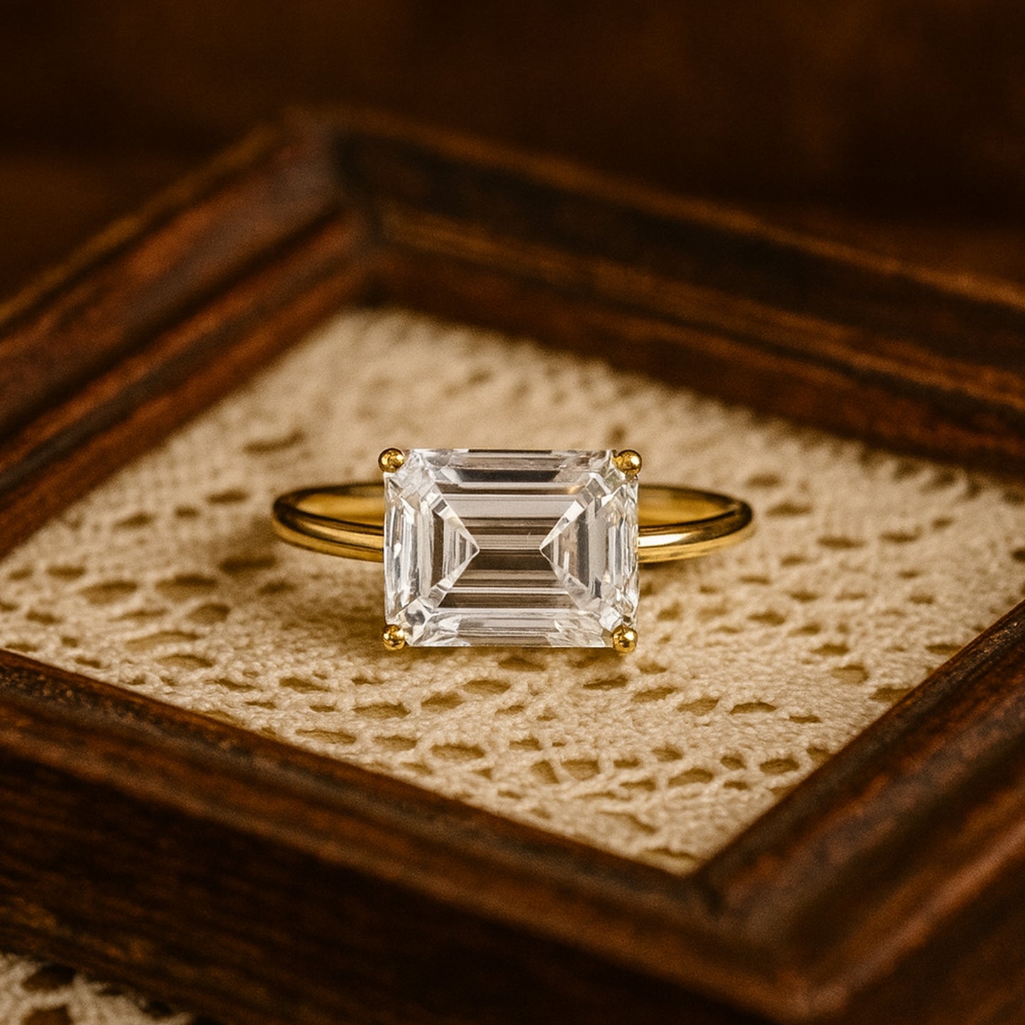 Elegant Emerald Cut Moissanite Engagement Ring Solitaire Style With Yellow Gold Band For Wedding Proposal