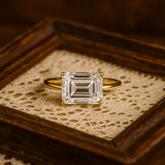 Elegant Emerald Cut Moissanite Engagement Ring Solitaire Style With Yellow Gold Band For Wedding Proposal