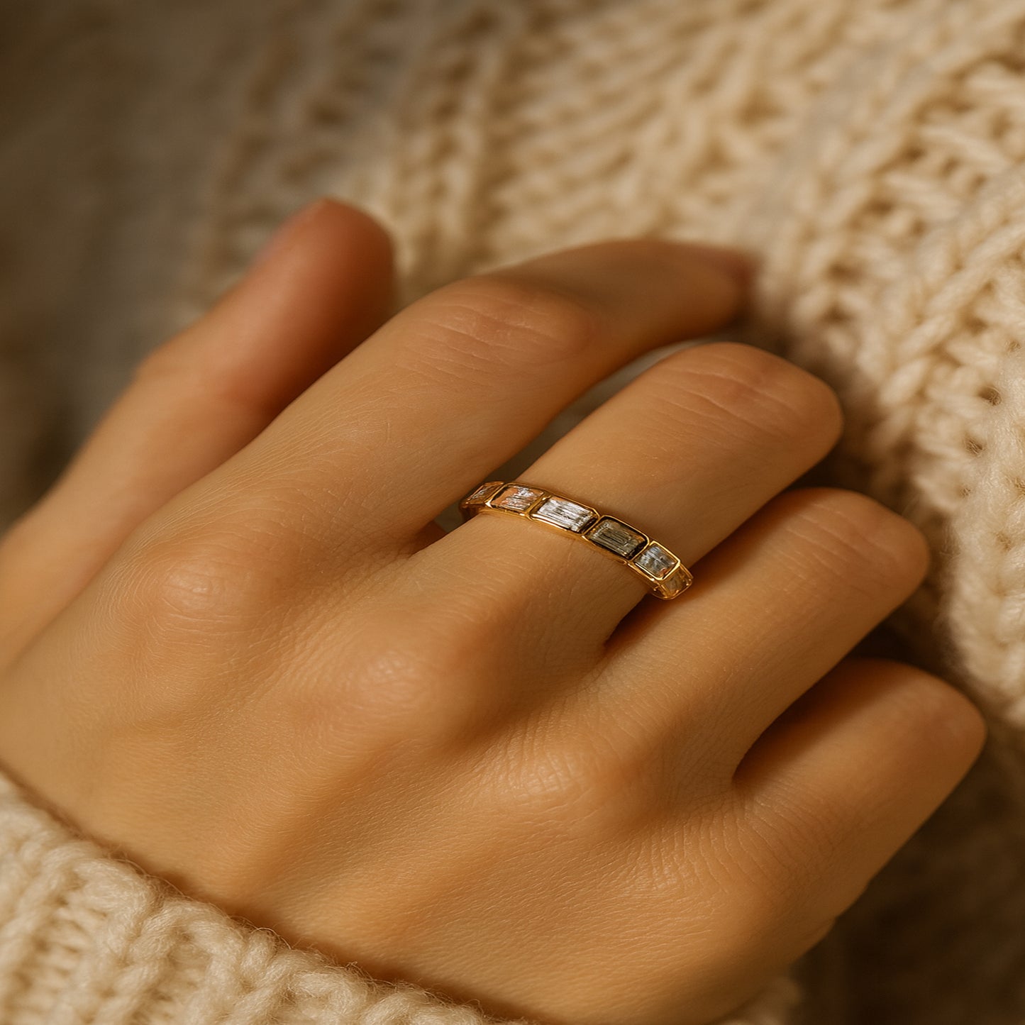 Gold Baguette Diamond Band Modern Eternity Ring Harmony Band - Alternating Diamond & Emerald Ring