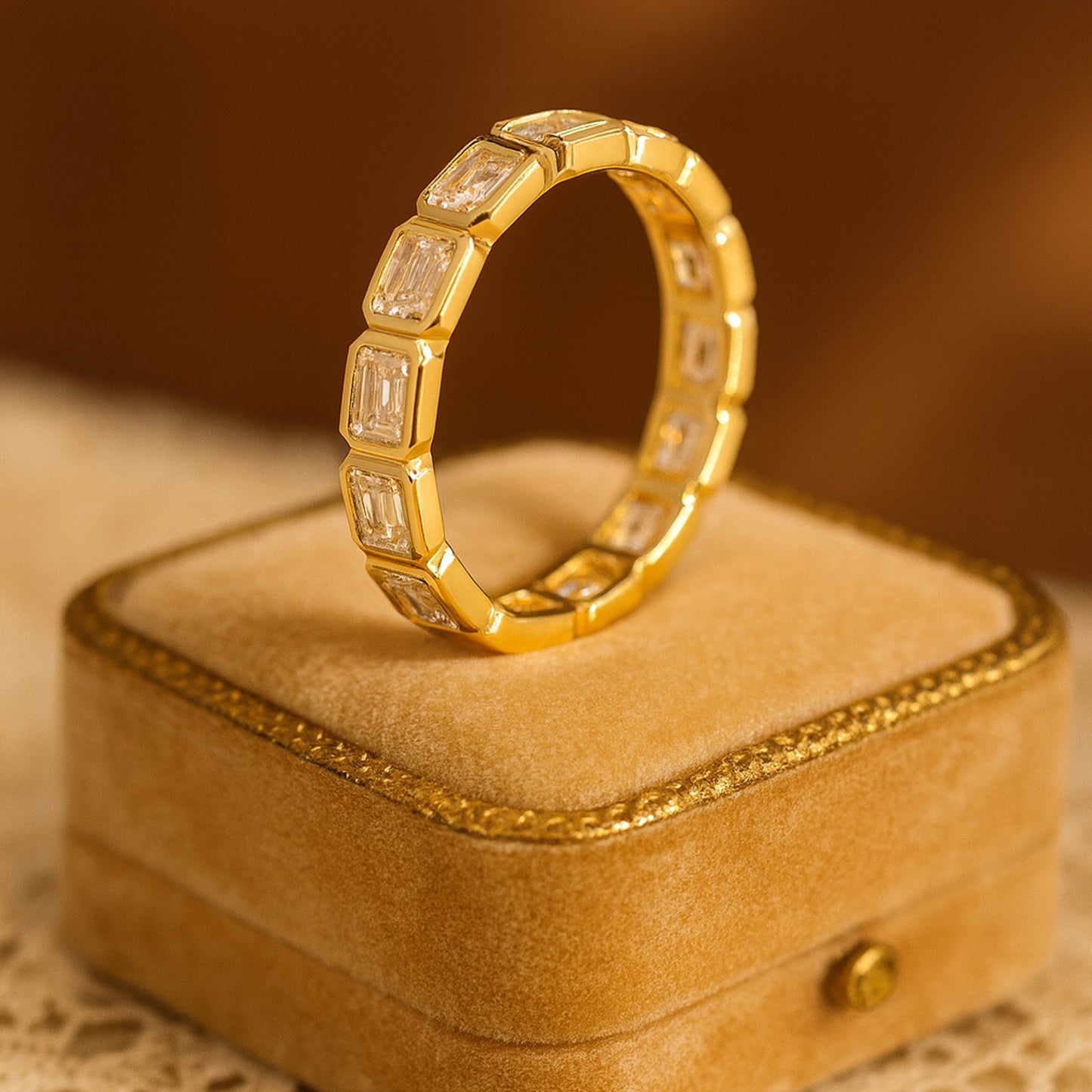 Gold Baguette Diamond Band Modern Eternity Ring Harmony Band - Alternating Diamond & Emerald Ring
