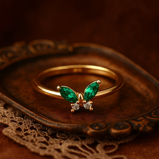 Gold Butterfly Ring With Emerald Wings And Lab Grown Diamonds