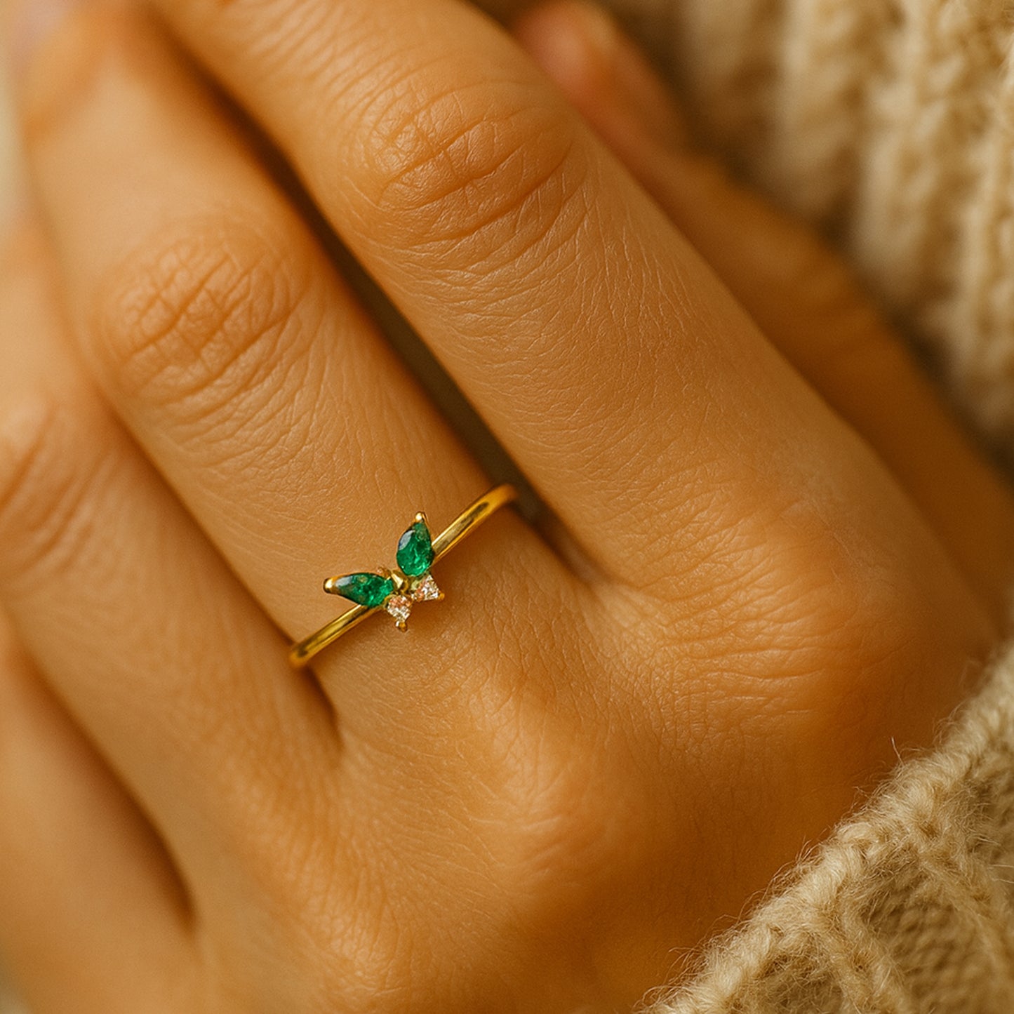 Emerald and Diamond Accents Delicate Nature-Inspired Jewelry Rings
