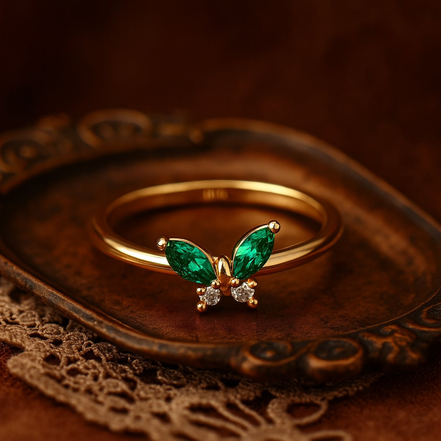 Emerald and Diamond Accents Delicate Nature-Inspired Jewelry Rings