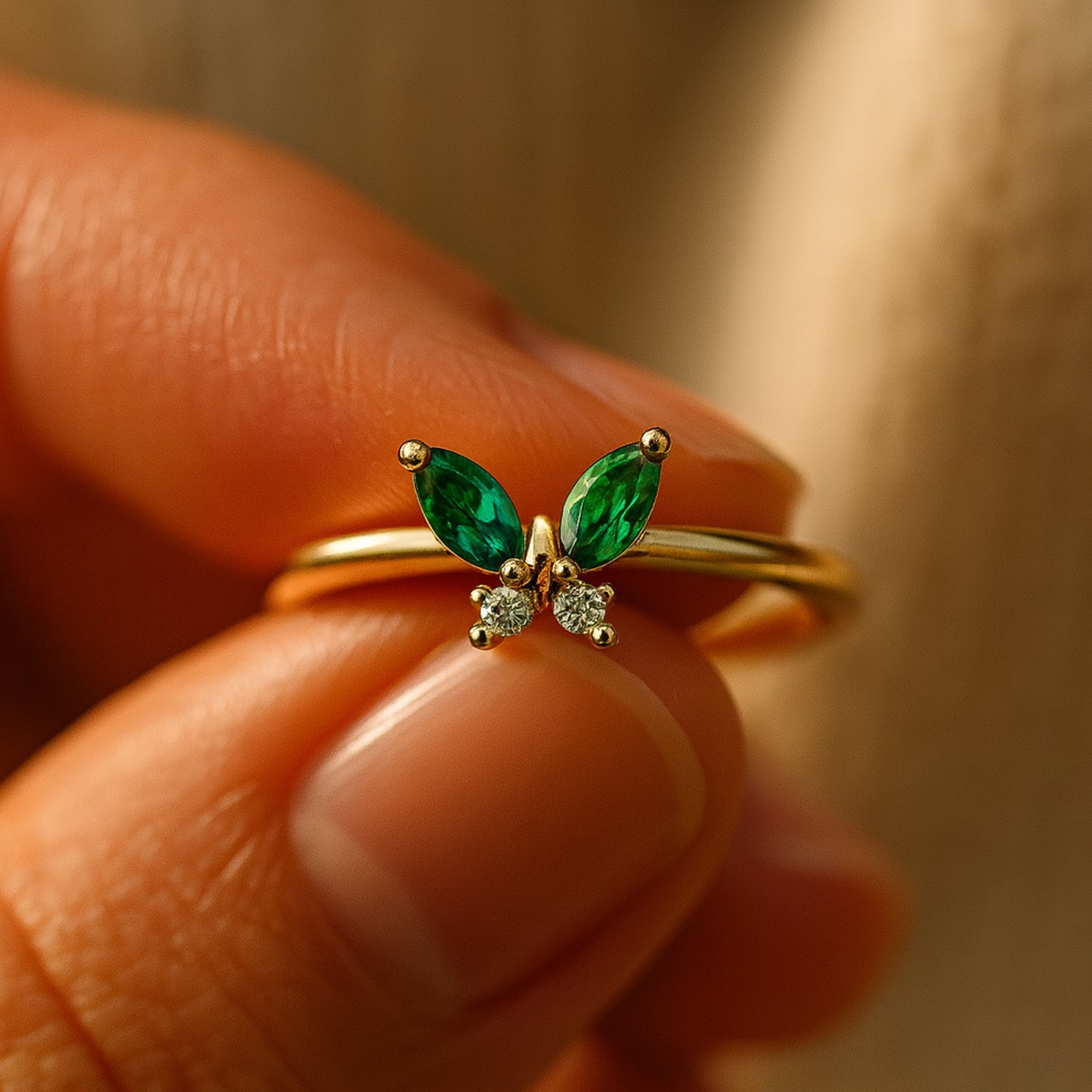 Emerald and Diamond Accents Delicate Nature-Inspired Jewelry Rings
