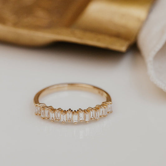 Baguette Moissanite Eternity Band, September Birthstone Yellow Gold Wedding Ring Fine Jewelry