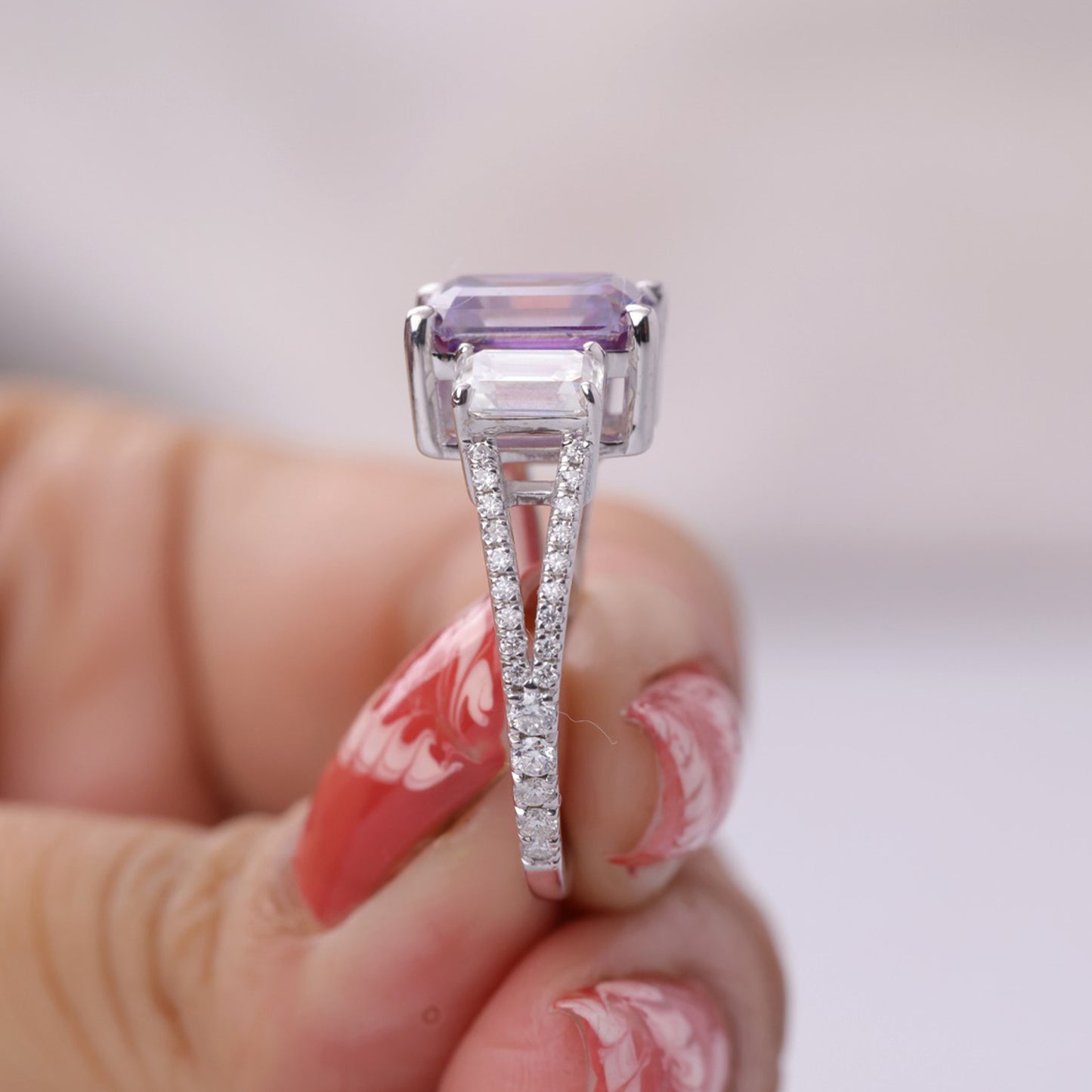 Three-Stone Moissanite Ring, Purple Gemstone White Gold Engagement Fine Jewelry With Style