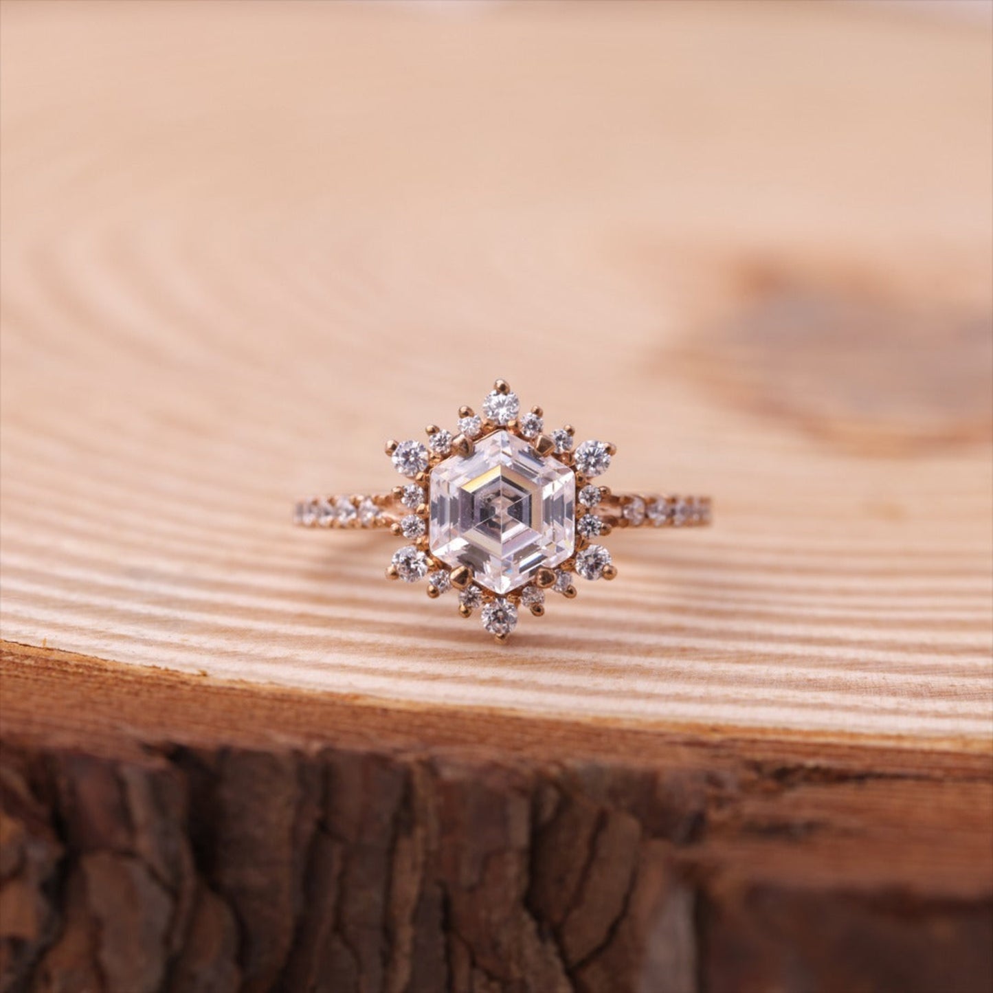 Engagement Asscher Cut Ring, Moissanite Hexagon Halo Rose Gold Fine Jewelry With Romance